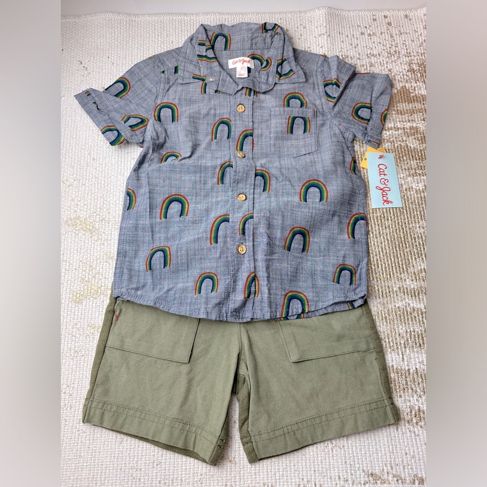 CAT & JACK Green & Blue Rainbow Matching Shorts & Shirt Set NWT Pride | Size 3T